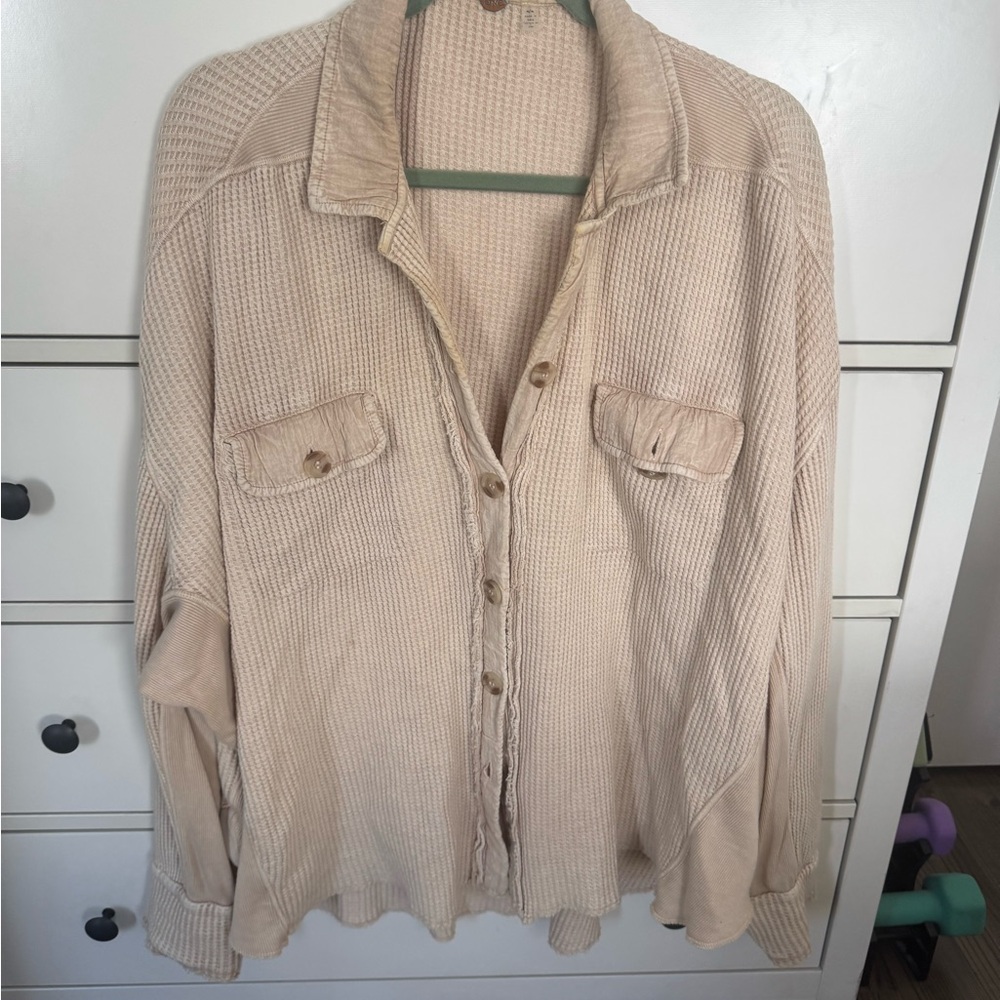 Free People comfy waffle knit button up shirt, size M, beige/tan